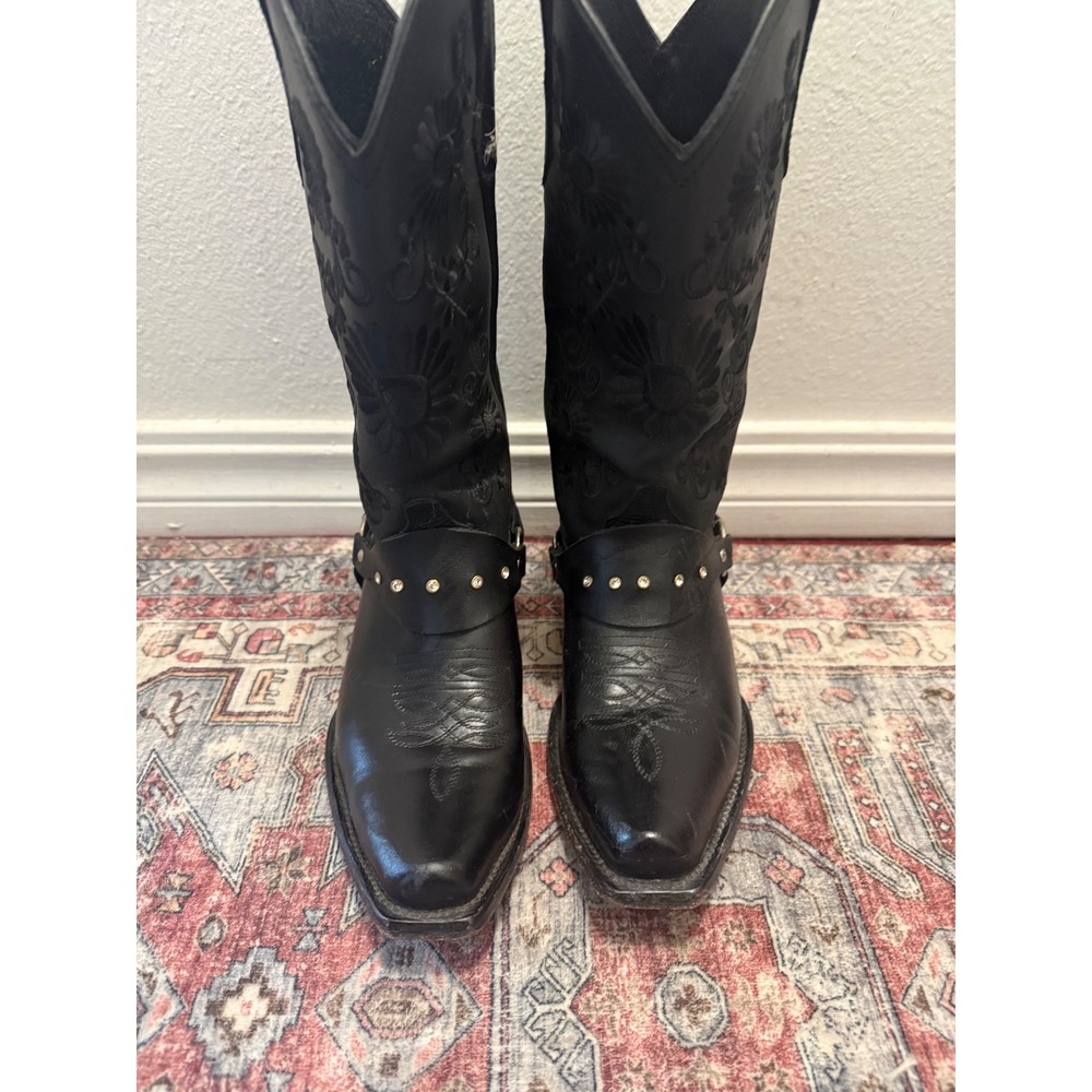 Black Leather Embroidered Cowboy Boots Snip‎ Toe Studded Harness Mens 7 womens 9